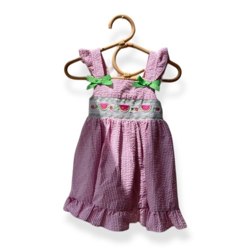 Vintage Dress seersucker watermelon embroidered girls 2T pink white